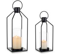 Nuptio Linternas Negras para Velas Metal: 35.5cm & 29.5cm Farol Decorativo Portavelas Huracán Velas de Pilar Colgante de Cristal Sala de Estar Boda Mantel Navidad Halloween Decoraciones Juego de 2