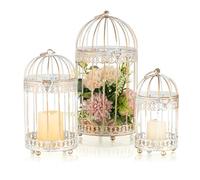NUPTIO Pilar Vela Titular La Jaula Pájaros Blanco: 3 Juego De Metal Decorativo Colgante Linterna Centro Mesa A Granel Latón Hierro Birdcage Pilares Titulares De La Boda Cumpleaños Fiesta