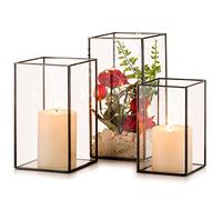 Nuptio Portavelas de Vidrio Huracán: 3 Piezas de Portavelas Transparentes Pilar, Linternas Negras Decorativas Interior para Mantel de Navidad Centro Mesa Salón Comedor Decoraciones Fiesta Boda