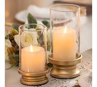 NUPTIO Portavelas Huracán Oro Juego 2 Portavelas Velas De Pilar con Funda Vidrio Transparente - Soportes Pilares Metal Decorativos Fiesta Boda Navidad Vacaciones Mesa De Comedor Centro Mesa