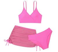 Nuqqichongtian Bikini para niñas, bikini para adolescentes, niñas, conjunto de traje de baño de un solo color con parte superior de bikini triángulo, parte inferior de bikini con estampado de hojas