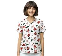 Nurse is Love Casaca Sanitaria Mujer White-Christmas (XS) - Camiseta con Estampado Navideño | Uniforme Médico con Bolsillos | Regalo para Enfermera