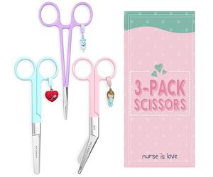 Nurse is Love Set 3uds Tijeras Enfermería Pico de Pato & Rectas Mayo + Herramienta de Sujeción | Tijeras Punta Roma Vendaje, Accesorios Enfermera, Primeros Auxilios, Auxiliar de Enfermería Multicolor