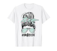 Nurse Life Funny Messy Bun Hair & Glasses Healthcare Enfermeras Camiseta gráfica económica, Hombre, Blanco, M