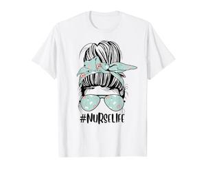 Nurse Life Funny Messy Bun Hair & Glasses Healthcare Enfermeras Camiseta gráfica económica, Hombre, Blanco, L