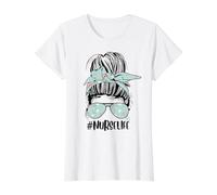 Nurse Life Funny Messy Bun Hair & Glasses Healthcare Enfermeras Camiseta gráfica económica, Mujer, Blanco, M