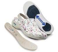 Nursing Care Wash’Go Berlín - Zuecos Sanitarios para Mujer y Hombre | Zuecos de Piel Lavables | Antideslizantes (Flores con Tira, Sistema Tallas Calzado EU, Adulto, Números, Mediano, 35)