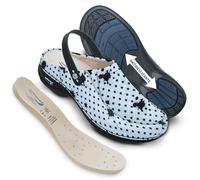 Nursing Care Wash’Go Paris - Zuecos Sanitarios para Mujer y Hombre | Zuecos de Piel Lavables | Antideslizantes (Dots con Tira, Sistema Tallas Calzado EU, Adulto, Números, Mediano, 42)