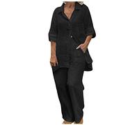 NUSGEAR 2023 Conjunto Dos Piezas Mujer Algodón lino Casual Camisa manga larga y Pantalones otoño Primavera Deportivo Traje Talla grande Suelto Conjunto Moda Cómodo Color sólido Casa Pijama Chandal