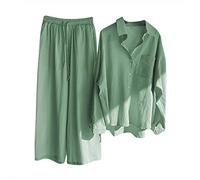 NUSGEAR 2023 Conjunto Dos Piezas Mujer Algodón lino Casual Camisa manga larga y Pantalones otoño Primavera Deportivo Traje Talla grande Suelto Conjunto Moda Color sólido Cómodo Casa Pijama Chandal