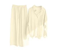 NUSGEAR 2023 Conjunto Dos Piezas Mujer Algodón lino Casual Camisa manga larga y Pantalones otoño Primavera Deportivo Traje Talla grande Suelto Conjunto Moda Color sólido Cómodo Casa Pijama Chandal