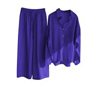 NUSGEAR 2023 Conjunto Dos Piezas Mujer Algodón lino Casual Camisa manga larga y Pantalones otoño Primavera Deportivo Traje Talla grande Suelto Conjunto Moda Color sólido Cómodo Casa Pijama Chandal