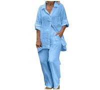 NUSGEAR 2023 Conjunto Dos Piezas Mujer Algodón lino Casual Camisa manga larga y Pantalones otoño Primavera Deportivo Traje Talla grande Suelto Conjunto Moda Cómodo Color sólido Casa Pijama Chandal