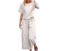 NUSGEAR 2023 Conjunto Dos Piezas Mujer Algodón lino Casual Camiseta manga corta y Pantalones otoño Primavera Deportivo Traje Talla grande Suelto Conjunto Moda Color sólido Cómodo Casa Pijama Chandal