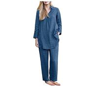NUSGEAR 2023 Conjunto Dos Piezas Mujer Algodón lino Casual camiseta manga larga y Pantalones otoño Primavera Traje Talla grande Suelto Conjunto Moda cuello en V Color sólido Cómodo Casa Pijama