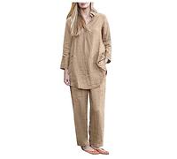 NUSGEAR 2023 Conjunto Dos Piezas Mujer Algodón lino Casual camiseta manga larga y Pantalones otoño Primavera Traje Talla grande Suelto Conjunto Moda cuello en V Color sólido Cómodo Casa Pijama