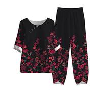 NUSGEAR 2023 Conjunto Dos Piezas Mujer algodón Lino Casual Camiseta manga larga y Pantalones otoño Primavera Deportivo Traje Talla grande Suelto Conjunto Moda Cómodo impresión Casa Pijama Chandal