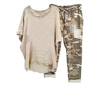NUSGEAR 2023 Conjunto Dos Piezas Mujer Algodon Lino Casual Camiseta manga larga y Pantalones otoño Primavera Deportivo Traje Talla grande Suelto Conjunto Moda Cómodo impresión Casa Pijama Chandal
