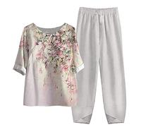 NUSGEAR 2023 Conjunto Dos Piezas Mujer algodón Lino Casual Camiseta manga larga y Pantalones otoño Primavera Deportivo Traje Talla grande Suelto Conjunto Moda Cómodo impresión Casa Pijama Chandal