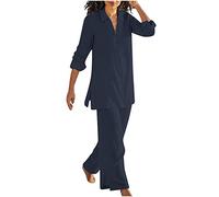 NUSGEAR 2023 Conjunto Dos Piezas Mujer Casual Lino algodón Camisa manga larga y Pantalones verano otoño Deportivo Suelto Traje Cómodo cuello en V Conjunto Casa Moda Color sólido ligera Talla grande