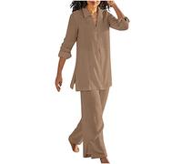 NUSGEAR 2023 Conjunto Dos Piezas Mujer Casual Lino algodón Camisa manga larga y Pantalones verano otoño Deportivo Suelto Traje Cómodo cuello en V Conjunto Casa Moda Color sólido ligera Talla grande