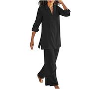 NUSGEAR 2023 Conjunto Dos Piezas Mujer Casual Lino algodón Camisa manga larga y Pantalones verano otoño Deportivo Suelto Traje Cómodo cuello en V Conjunto Casa Moda Color sólido ligera Talla grande