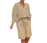 NUSGEAR 2023 Conjunto Dos Piezas Mujer Casual Lino algodón Camiseta manga larga y Pantalones corto Verano Deportivo Traje Suelto Cómodo Conjunto Casa Moda Color sólido Chandal ligera Talla grande