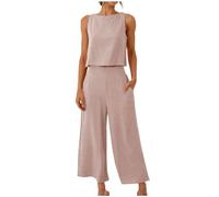 NUSGEAR 2024 Conjunto Dos Piezas Mujer algodón Lino Casual Camiseta sin manga y Pantalones largo verano Chalecos Deportivo Suelto Traje Cómodo Moda Conjunto Casa Color sólido ligera