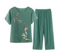 NUSGEAR Conjunto Dos Piezas lino Mujer Casual Camisa manga corta y Pantalones verano otoño Deportivo Traje Talla grande Conjunto Moda Cómodo Suelto floral impresión Casa Pijama Chandal 2024