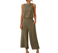 NUSGEAR Conjunto Dos Piezas Mujer Casual Algodon Lino Camiseta sin manga y Pantalones Chaleco otoño Primavera Deportivo Traje Pijama Suelto Cómodo Conjunto Casa Moda Color sólido Chandal ligera 2024