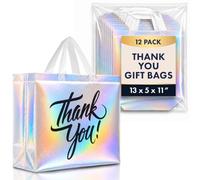 Nush Nush Bolsas de regalo de agradecimiento iridiscentes de gran tamaño - Juego de 12 bolsas holográficas plateadas con una impresión negra - Perfecto como bolsas de regalo, bolsas de cumpleaños,