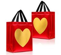 Nush Nush Bolsas de regalo de corazón dorado en rojo, tamaño mediano, juego de 12 bolsas de regalo reutilizables con asas, bolsa de regalo ideal para aniversario, compromiso, boda, cumpleaños, día de