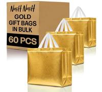 Nush Nush Bolsas de regalo doradas de gran tamaño a granel, juego de 60 bolsas de regalo reutilizables doradas con asas blancas, perfectas como bolsas de regalo de cumpleaños, bolsas de recuerdos de