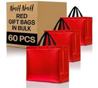 Nush Nush Bolsas de regalo rojas de tamaño grande, juego de 60 bolsas de regalo reutilizables de color rojo brillante con un acabado brillante, perfectas como bolsas de regalo con asas, bolsas de