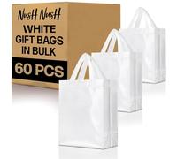 Nush Nush Juego de 60 bolsas de regalo blancas a granel, reutilizables con asas blancas, tamaño mediano, perfectas como bolsas de regalo de cumpleaños, bolsas de regalo de fiesta, tamaño 8 pulgadas de
