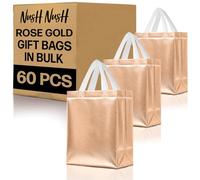 Nush Nush Juego de 60 bolsas de regalo de oro rosa brillante a granel, reutilizables con asas blancas, tamaño mediano, perfectas como bolsas de regalo de cumpleaños, bolsas de regalo de fiesta, tamaño
