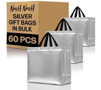 Nush Nush Juego de 60 bolsas de regalo reutilizables plateadas con asas negras, tamaño grande, perfectas como bolsas de regalo de cumpleaños, boda, bolsas de recuerdos de fiesta, tamaño 13 pulgadas de