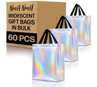 Nush Nush Juego de 60 impresionantes bolsas de regalo iridiscentes a granel, bolsas de regalo holográficas reutilizables con asas, tamaño mediano, bolsas de regalo de fiesta para pequeñas empresas,
