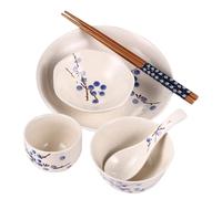 NUSITOU Juego de Vajilla Japonesa Cerámica 6 Piezas Persona, Patrón Flor de Ciruelo Azul, Incluye Cuenco, Plato, Taza, Cuchara y Palillos, Vajilla Práctica para Uso Doméstico