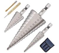 NUTKIT Broca Escalonada,3PCS Broca Cónica HSS Titanio,4-32/4-20/4-12mm,Con Punzón Automático Centrador y Brocas Helicoidal,para Taladrar con Destornillador en Acero,Madera Latón,PVC,Aluminio(Plata)