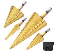 NUTKIT Broca Escalonada,4PC Broca Cónica HSS Titanio,4-32/4-20/4-12/5-35mm | con Punzón Automático Centrador y Brocas Helicoidal,para Taladrar con Destornillador en Acero,Madera Latón,PVC,Aluminio