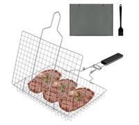 NUTKIT Cesta para Asar a la Parrilla, 304 Parrilla Acero Inoxidable para Asar con Bolsa y Cepillo, con Mango de Madera Desmontable, para Pescado, Carne, Verduras, Asado, Camarón, etc(30cm×22cm×3cm)