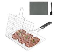 NUTKIT Cesta para Asar a la Parrilla, 304 Parrilla Acero Inoxidable para Asar con Bolsa y Cepillo, con Mango de Madera Desmontable, para Pescado, Carne, Verduras, Asado, Camarón, etc(33.5cm×22cm)