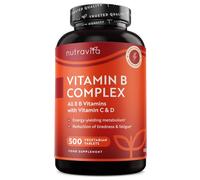 Nutravita Vitamina B Complex con Vitamina C D B - 500 Comprimidos de Multivitaminas para +1 Año - Las 8 Vitaminas B + Biotina - Metabolismo, función mental, sistema nervioso (EFSA)