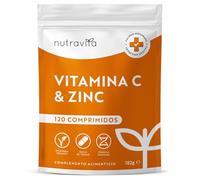 Nutravita Vitamina C 1000mg + Zinc 20mg - 120 Comprimidos Veganos - Apoya el Sistema Inmunitario, Reduce la Fatiga y Mantenimiento de Huesos, Piel, Uñas y Cabello - Vitamin C y Zinc para 4 Meses