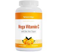 Nutri-Align Mega Vitamina C | 120 Cápsulas de Vitamina C de Alta Potencia 1000mg de Vitamine C por Porción - Suplemento de Vitamin C y Zinc, Hierro y Cobre | Sin Gluten ni Azúcar | Hecho en el RU