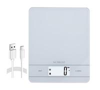 NUTRI FIT Báscula de cocina digital recargable, báscula de alimentos con carga USB-C para cocinar y hornear, plataforma de pesaje de vidrio templado ancha, LCD retroiluminado, 11 lb/5 kg, Blanca