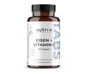 Nutri+ Hierro 50 mg Alta Dosis con Vitamina C de Acerola - 90 Comprimidos de Hierro Bisglicinato, Suplemento Vegano para Mujeres, Embarazo y Fatiga