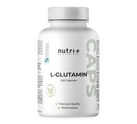Nutri + L-Glutamina Caps vegan + alta Dosis - 240 Megacápsulas - 750 mg de L-glutamina pura en Cápsula - Fitness y Culturismo - de Origen vegetal - extra pura sin Aditivos