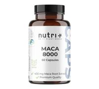 Nutri + Maca Caps Gold 8000 - alta Dosis + veganas - Extracto original 20:1 (Polvo de Raíz) - 60 Cápsulas de Maca - probadas en Laboratorio para Hombres y Mujeres